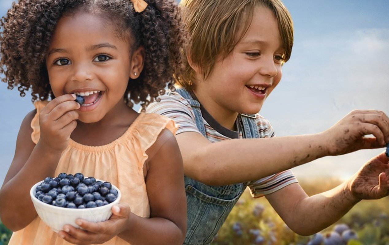 Duas crianças sorrindo e comendo mirtilos em um campo